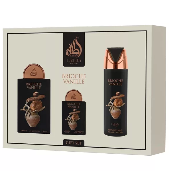 Lattafa Brioche Vanille zestaw woda perfumowana spray 100ml + woda perfumowana spray 20ml + dezodorant spray 200ml (U)