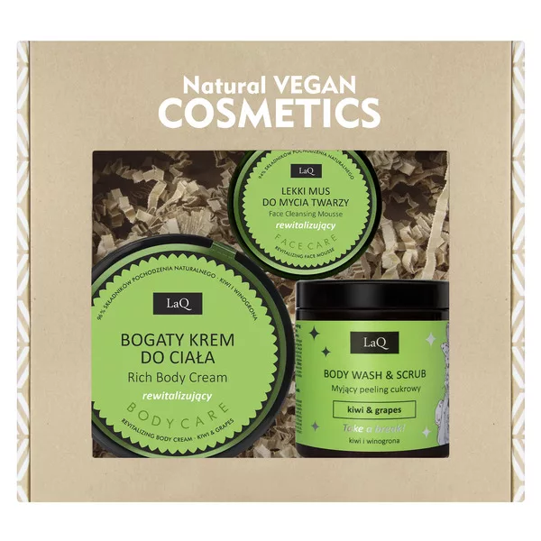 LaQ Zestaw Kiwi i Winogrona: scrub 220g + krem do ciała 200ml + mus do mycia twarzy 40g