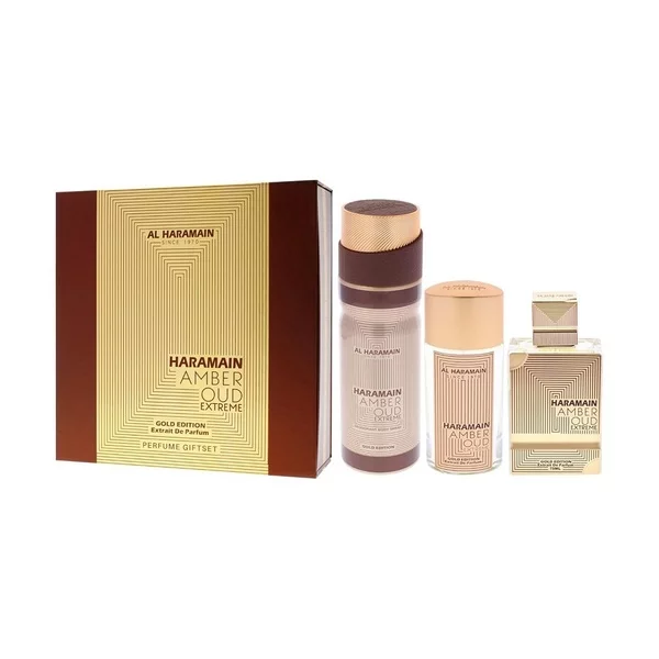 Al Haramain Amber Oud Gold Edition Extreme zestaw ekstrakt perfum spray 75ml + ekstrakt perfum spray 30ml + dezodorant spray 200ml (U)