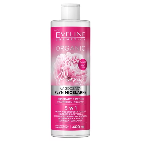Eveline Organic, łagodzący płyn micelarny do demakijażu z peonią, 400ml
