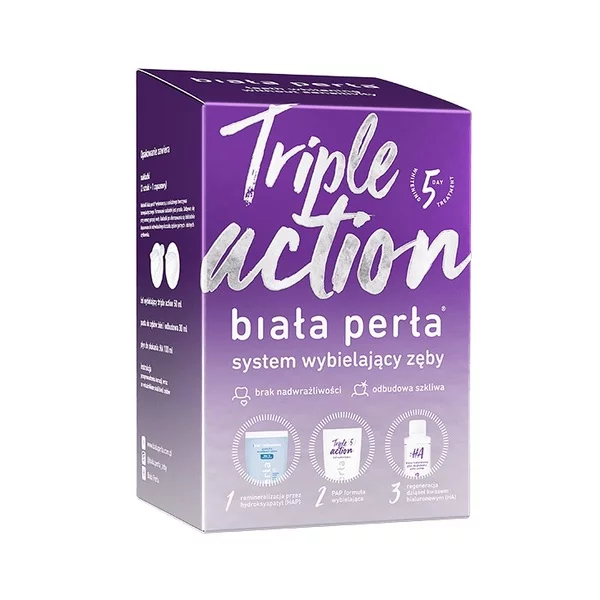 Biała Perła Zestaw Triple Action do wybielania zębów w domu wybielająca pasta do zębów + wybielający żel + płyn do płukania + nakładki do formowania x3