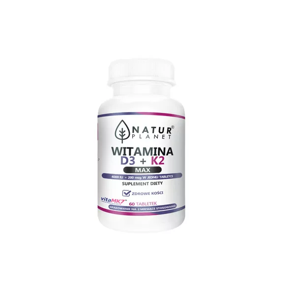 NaturPlanet, Witamina K+D3 MAX (200mcg + 4000IU), 60tabl.