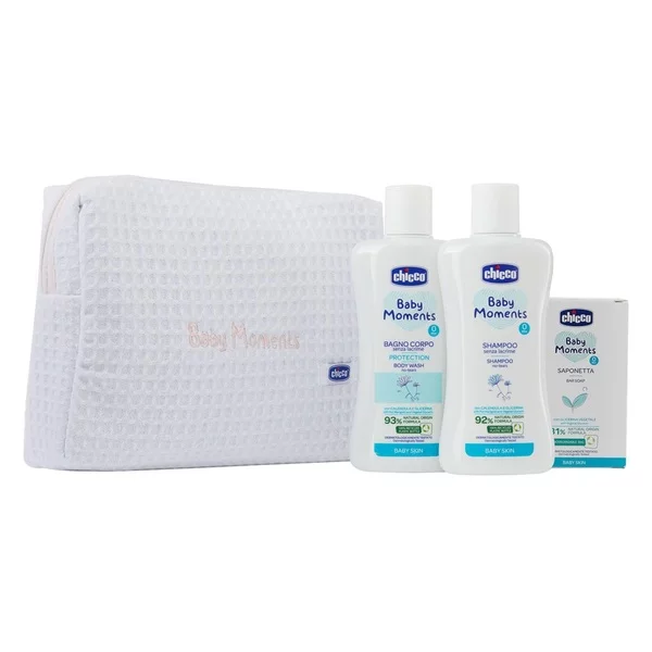 Chicco Baby Moments zestaw dla dzieci: płyn do kąpieli 200ml + szampon do włosów 200ml + delikatne mydło 100g