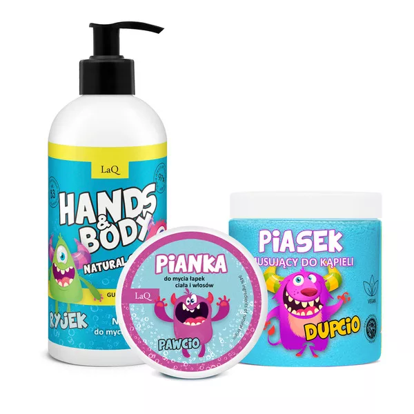 LaQ Guma Balonowa, zestaw do ciała dla dzieci, żel 300ml + piasek niebieski 190g + pianka do łapek niebieska 20g (sianko)